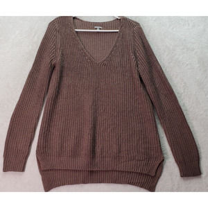 Charlotte Russe Sweater Womens Medium Brown Knit Acrylic Long Sleeve V Neck Slit